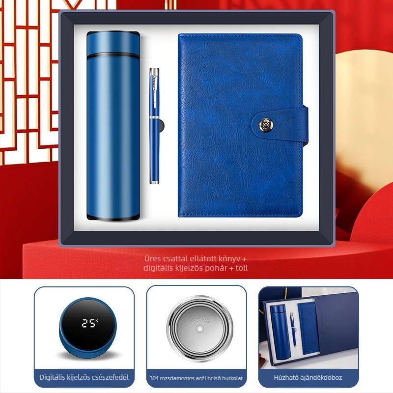 Üzleti ajándékcsomag termosz pohárral, jegyzetfüzettel, egyedi logóval és irodai ajándékdobozzal