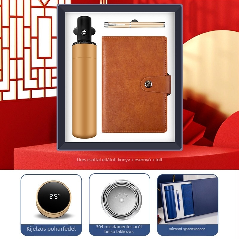 Üzleti ajándékcsomag termosz pohárral, jegyzetfüzettel, egyedi logóval és irodai ajándékdobozzal
