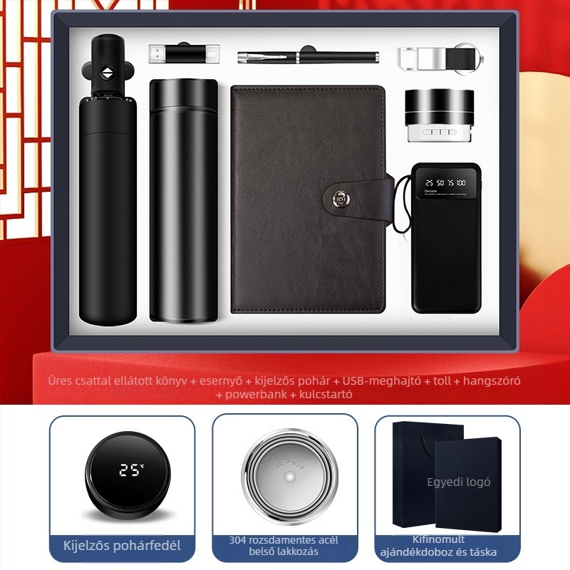 Üzleti ajándékcsomag termosz pohárral, jegyzetfüzettel, egyedi logóval és irodai ajándékdobozzal