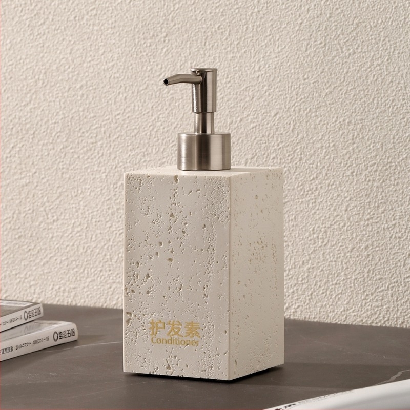 Travertin-stílusú pumpás üveg szállodai toalettcikkekhez — utazási kiszerelés kézfertőtlenítőhöz, testápolóhoz, samponhoz és tusfürdőhöz