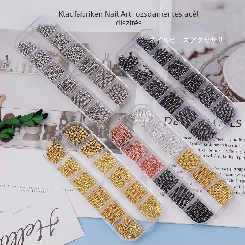 Monja körömdíszítéshez való fém gyöngy készlet, hosszú csíkos csomagolásban, Candy mintázat, 67 g