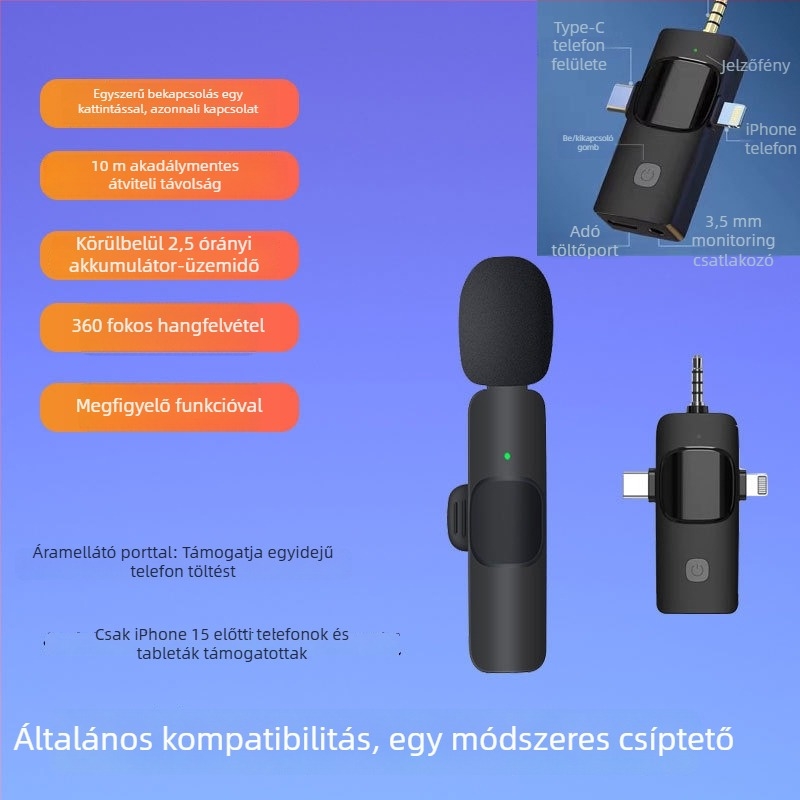 Klipszes lavalier mikrofon – dinamikus kapszula, zajcsökkentés, modell K35, SNR ≥70 dB, irányváltható kapcsoló