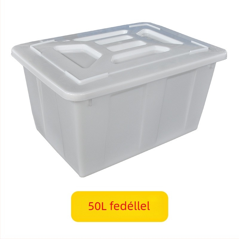 Akvakultúrás műanyag víztároló, PE, injekciós formázású, nagy szilárdságú, fedél és kerék opcióval; belső méretek 950×720×660 mm; falvastagság 4 mm; teherbírás 50 kg; nettó tömeg 9,8 kg