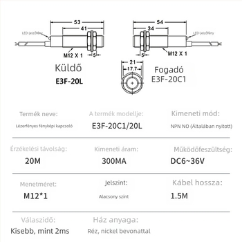 Lézeres áthaladó infravörös optoelektronikus kapcsoló, 20 m érzékelési távolság, 12 V bemenet, 1 μs válaszidő, IP65