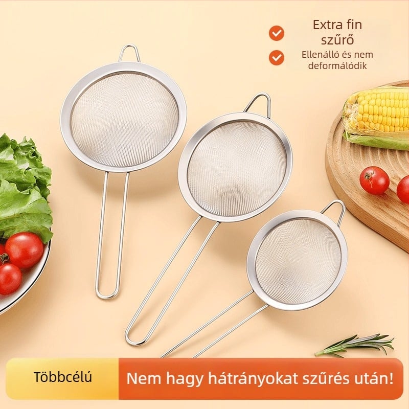 Rozsdamentes acél lisztszitó hálószerkezettel, kézben tartható, olaj lecsöpögtetésére és hab eltávolítására, szója tej szűrő