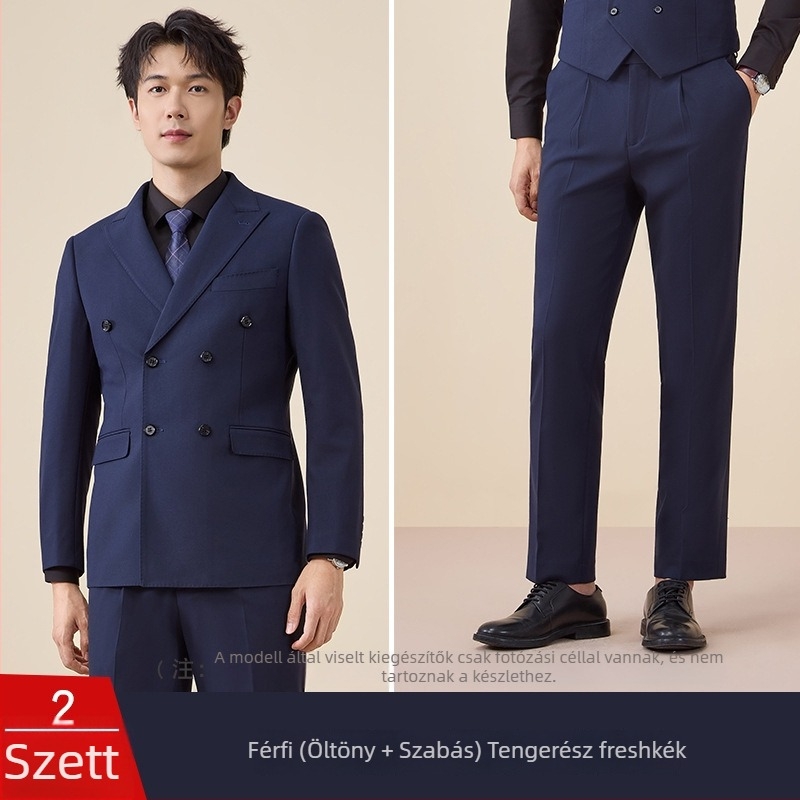 Férfi duplagombos öltöny, szűk szabás, sík gallér, hát középső hasítás, poliészter 67,8%