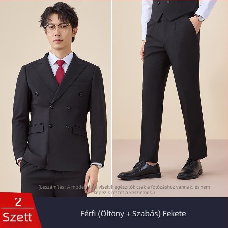 Férfi duplagombos öltöny, szűk szabás, sík gallér, hát középső hasítás, poliészter 67,8%