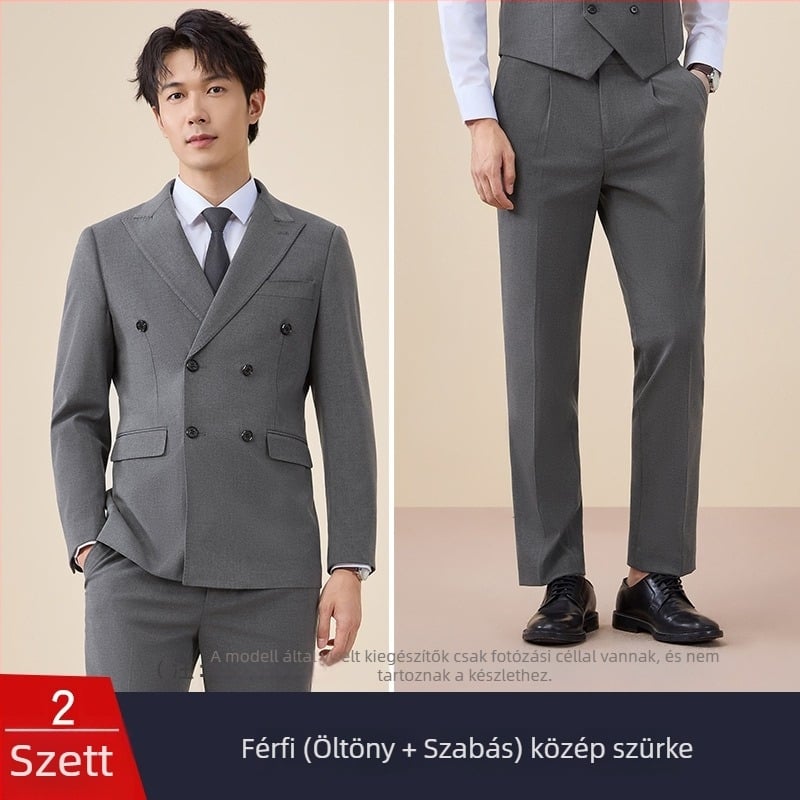 Férfi duplagombos öltöny, szűk szabás, sík gallér, hát középső hasítás, poliészter 67,8%