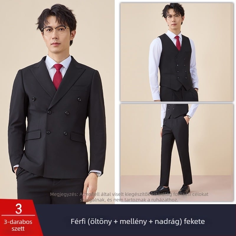 Férfi duplagombos öltöny, szűk szabás, sík gallér, hát középső hasítás, poliészter 67,8%