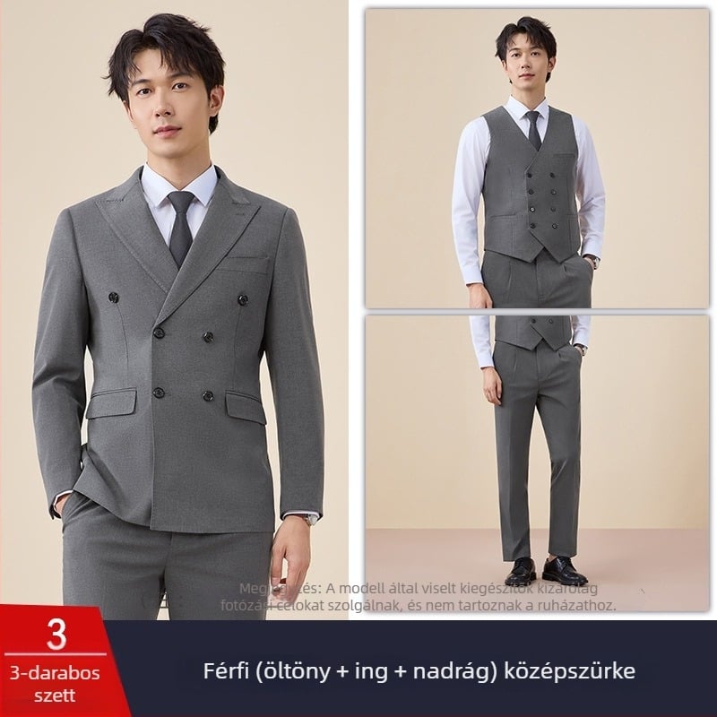 Férfi duplagombos öltöny, szűk szabás, sík gallér, hát középső hasítás, poliészter 67,8%