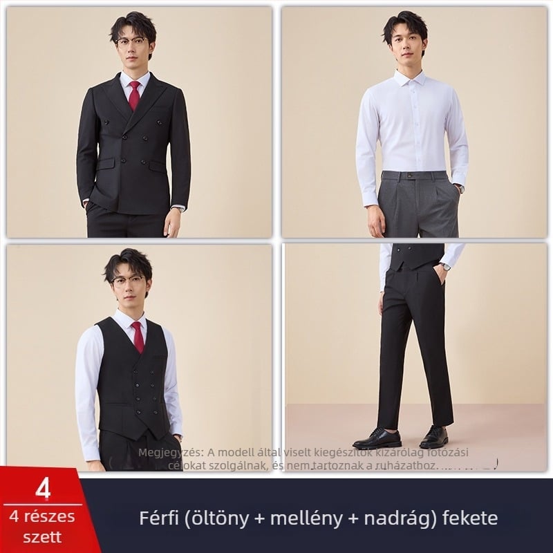 Férfi duplagombos öltöny, szűk szabás, sík gallér, hát középső hasítás, poliészter 67,8%