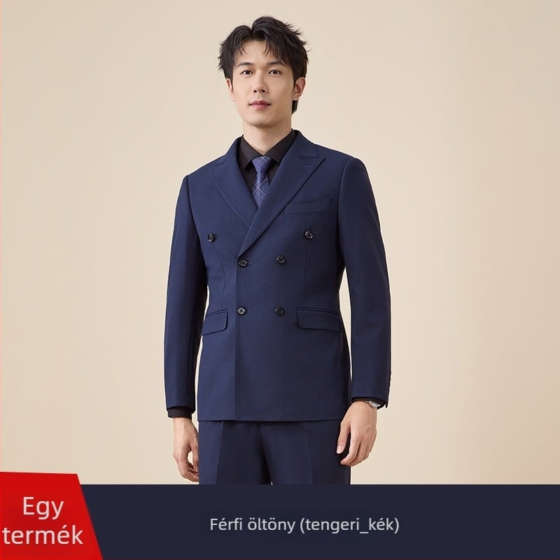 Férfi duplagombos öltöny, szűk szabás, sík gallér, hát középső hasítás, poliészter 67,8%