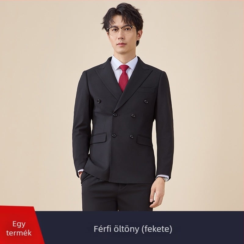 Férfi duplagombos öltöny, szűk szabás, sík gallér, hát középső hasítás, poliészter 67,8%