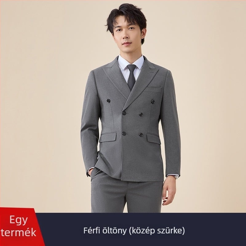 Férfi duplagombos öltöny, szűk szabás, sík gallér, hát középső hasítás, poliészter 67,8%