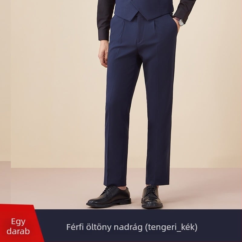 Férfi duplagombos öltöny, szűk szabás, sík gallér, hát középső hasítás, poliészter 67,8%