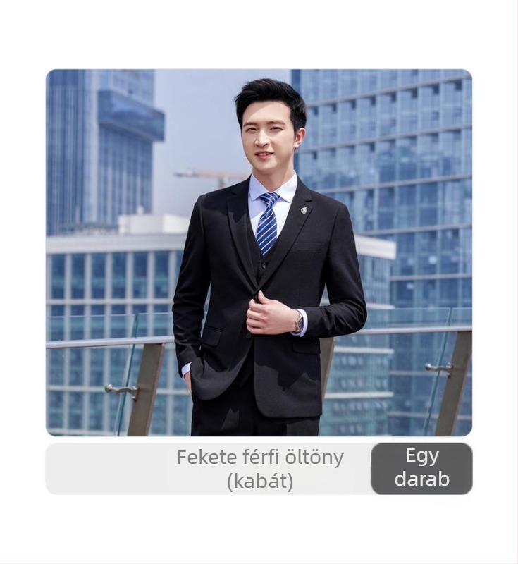 Két darabos üzleti formális öltöny szett, karcsú szabás, lapos gallér, kétgombos elülső rész, poliészter–viszkóz keverék, középső hátsó hasadék