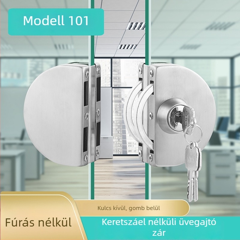 Keret nélküli irodai üvegajtóhoz való zár, rozsdamentes acélból, modell HC-101 dupla, központi toló-húzó zár