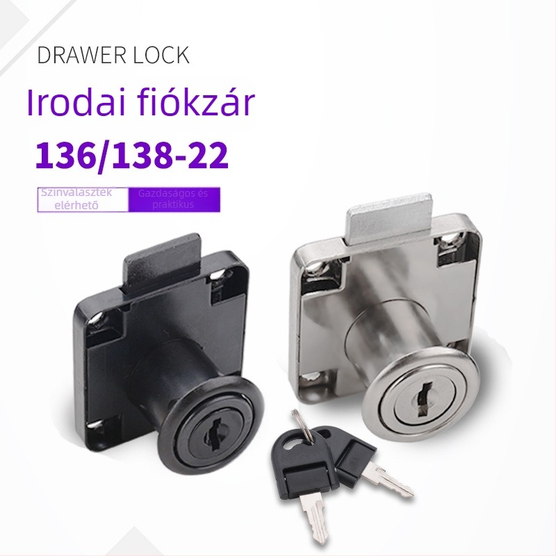 Irodai íróasztal fiók zár, modellek 138-22/136-22, irodai bútorok fiókjaihoz, szekrény- és irattároló szekrény zár, hideg-hengerelt acél és ötvözet