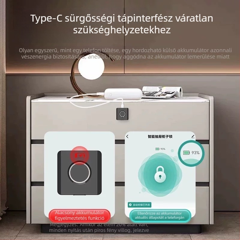 Biometrikus fiók- és szekrényzár ujjlenyomat és jelszóval, Type-C interfész, K-16 modell