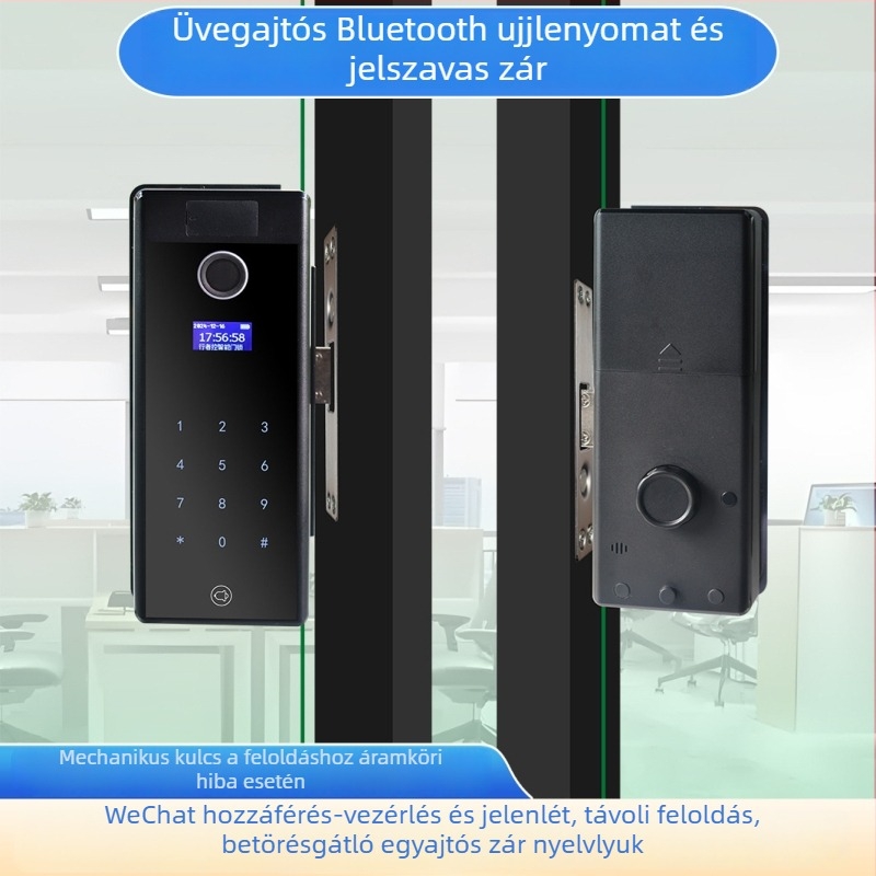 Irodai üvegajtó keret nélküli okos zár ujjlenyomat, jelszó és kártya hozzáféréssel, kulcs; egy- vagy kettős nyitás; elektronikus zár