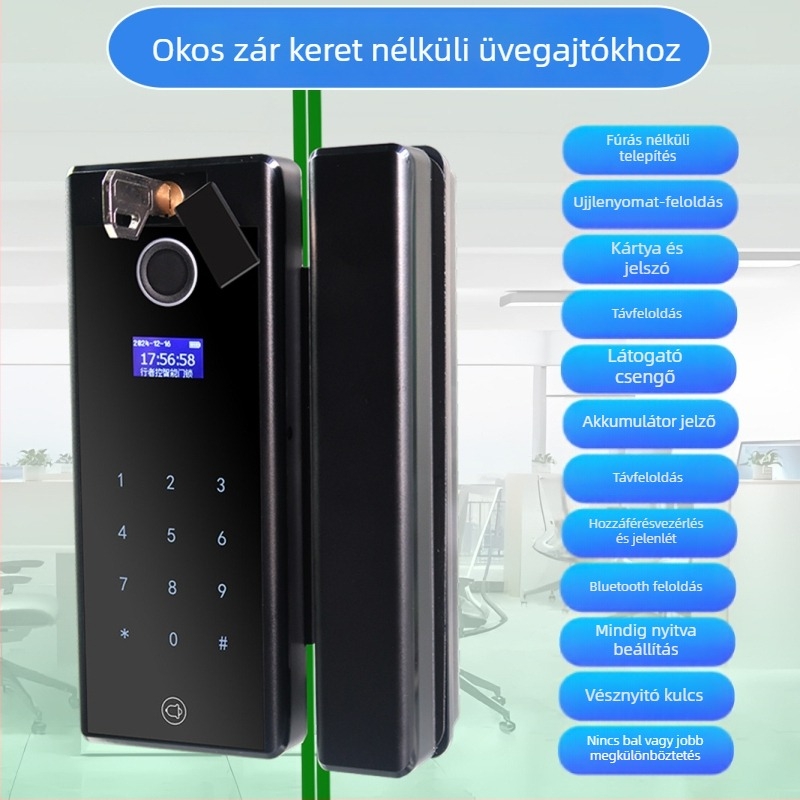 Irodai üvegajtó keret nélküli okos zár ujjlenyomat, jelszó és kártya hozzáféréssel, kulcs; egy- vagy kettős nyitás; elektronikus zár