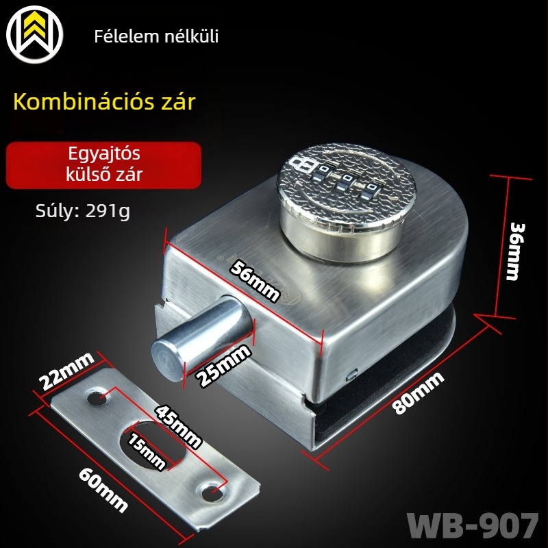 Fearless rozsdamentes acél jelszavas zár keret nélküli üvegajtókhoz – padlóra szerelhető zár