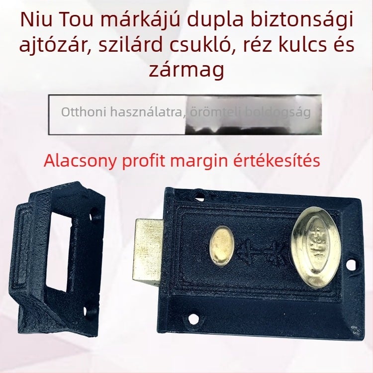 Bullhead márkájú ajtózár faajtóhoz, modell 1939-1, anyagok: réz és vas, stílus: modern minimalizmus