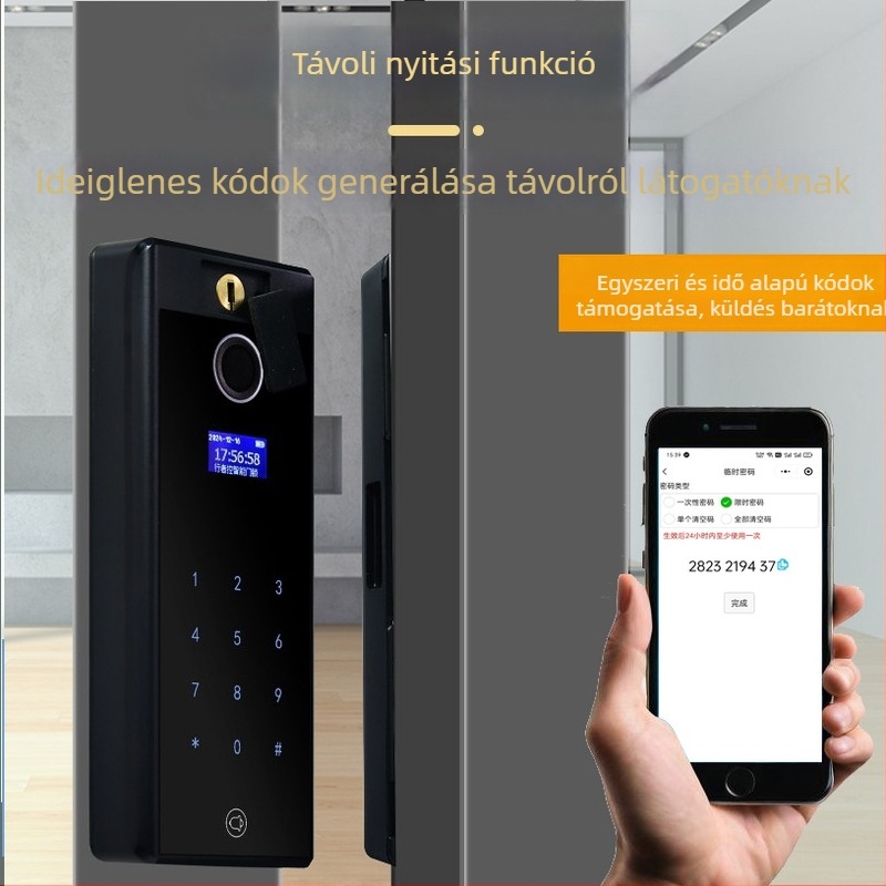 Keretes üveges ajtó ujjlenyomatos okoszár – jelszavas elektronikus hozzáférés, kulcs és távoli feloldás mobiltelefonról
