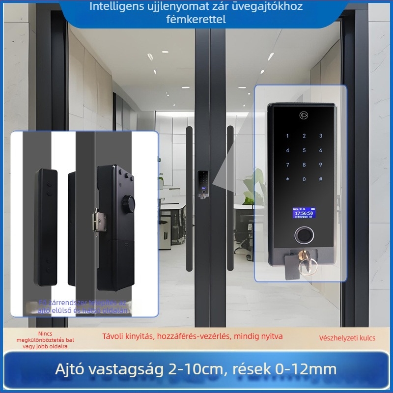 Keretes üveges ajtó ujjlenyomatos okoszár – jelszavas elektronikus hozzáférés, kulcs és távoli feloldás mobiltelefonról