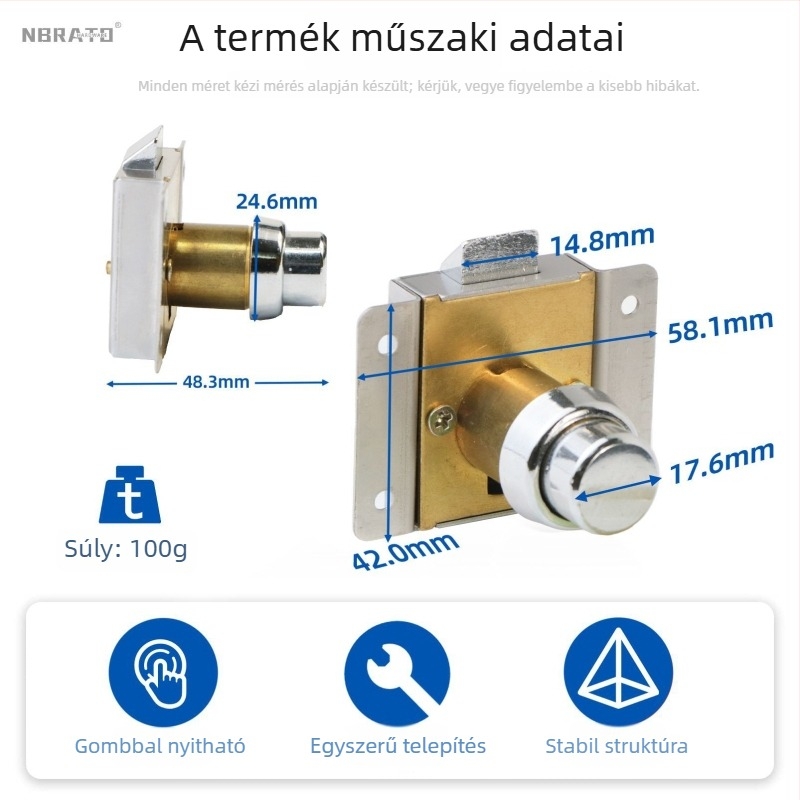 Nyomógombos fiókzár rozsdamentes acélból és sárgarézből, NBRATO, modell RCL-001, modern és egyszerű stílus