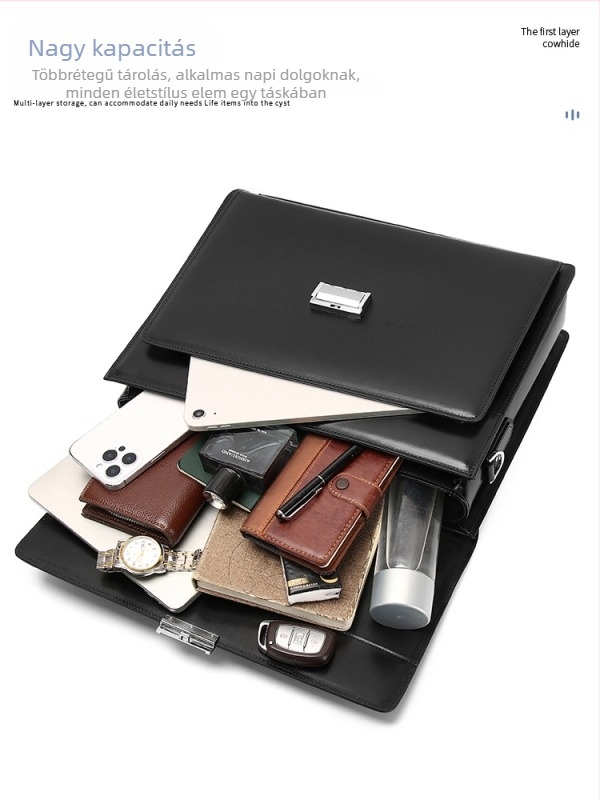 Férfi üzleti táska felsőréteg marhabőrből, városi minimalist stílus, összecsukható kialakítás, poliészter bélés, cafen kelvri márka