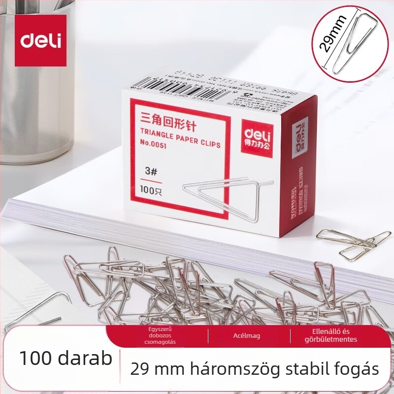 Deli háromszög alakú gemkapocs 0051, fém, irodai kellékek, dobozos csomagolás, 100 db