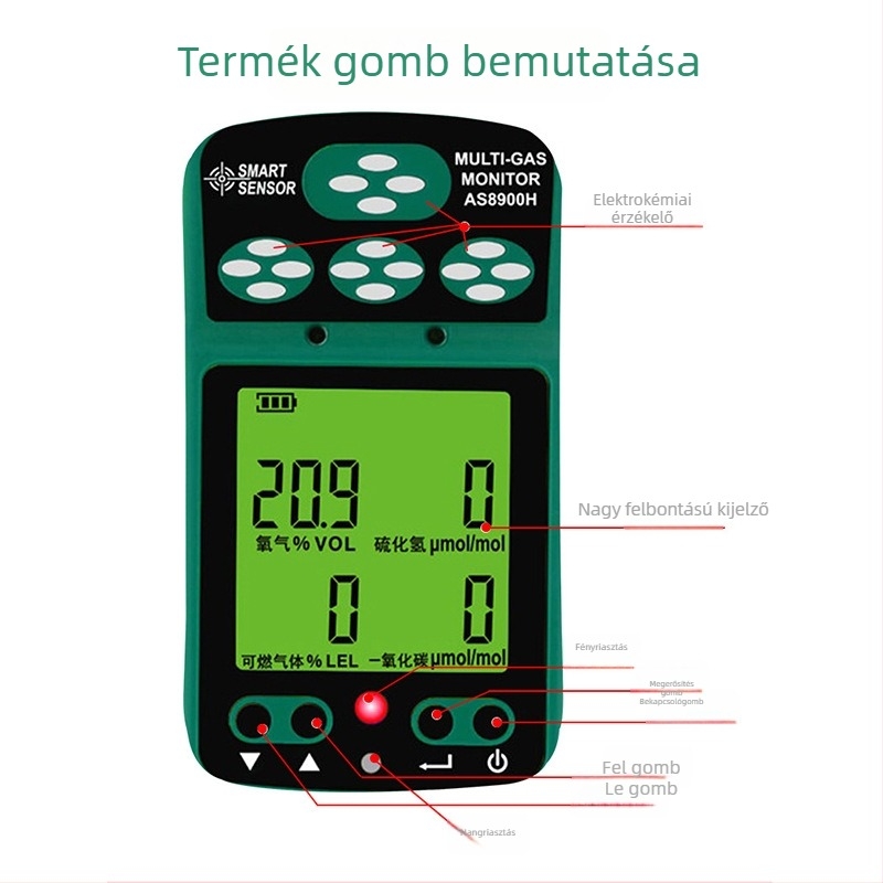 Xima AS8900H négy az egyben gázdetektor: hidrogén-szulfid, szén-monoxid, gyúlékony gázok és oxigén