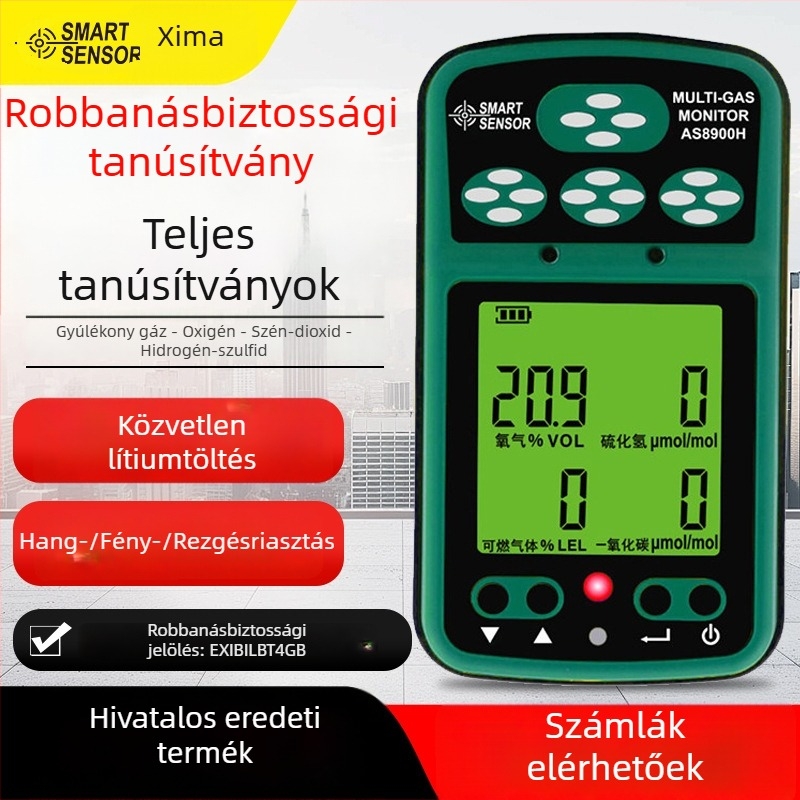 Xima AS8900H négy az egyben gázdetektor: hidrogén-szulfid, szén-monoxid, gyúlékony gázok és oxigén