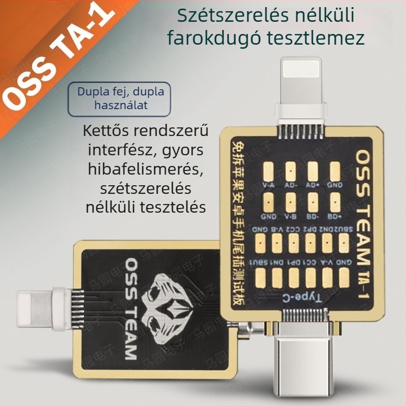 TA-1 mobiltelefon töltőport tesztelő panel szétbontás nélkül, duál rendszer interfész