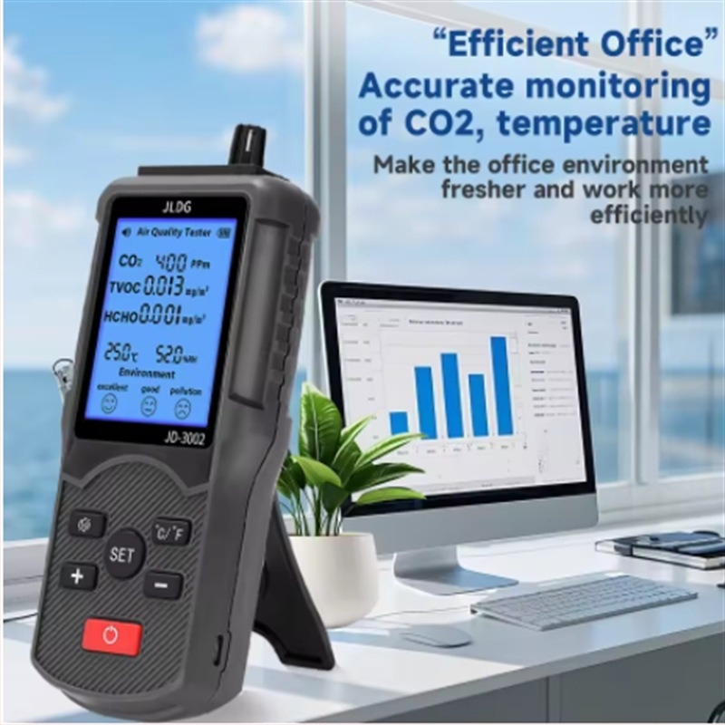 JD-3002 Légminőség-figyelő: CO2, formaldehid és szerves gázok detektora, hőmérséklet és páratartalom – Hat egyben