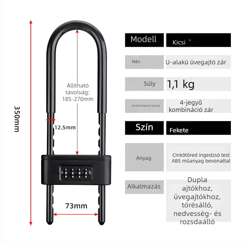 Kódzár üvegajtókhoz - U-alakú zár, vízálló és korrózióálló, anyag: ötvözet + cinkötvözet, egyszerű modell, OEM-kompatibilis, modern minimalista stílus
