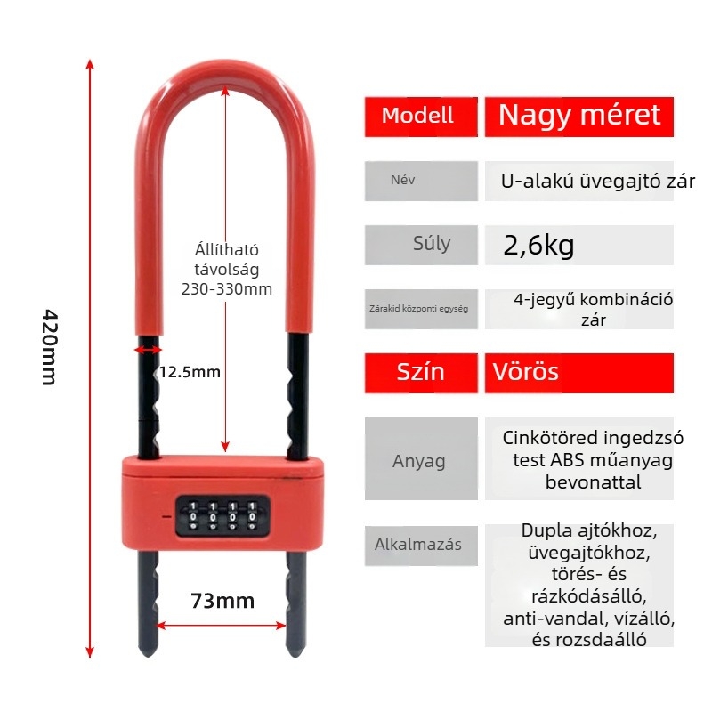 Kódzár üvegajtókhoz - U-alakú zár, vízálló és korrózióálló, anyag: ötvözet + cinkötvözet, egyszerű modell, OEM-kompatibilis, modern minimalista stílus