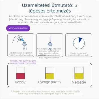 Otthoni Helicobacter pylori tesztkészlet, egyszer használatos, UV-sterilizált, 1 teszt dobozonként, tárolás 4–30°C.