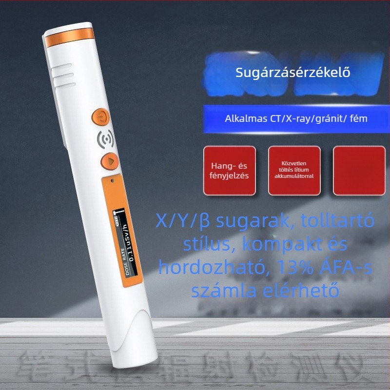 Pen-stílusú digitális nukleáris sugárzás detektor, modell HFS-P3, mérési tartomány 0.05–50, X-, gamma- és beta-sugárzást detektál, pontosság 17%