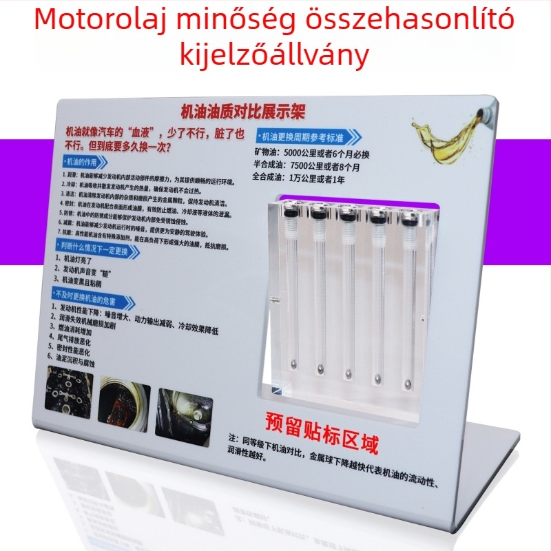 Autóolaj viszkozitás-érzékelő és minőségi összehasonlító – folyadékáramlás-teszt eszköz, bemutató állvány