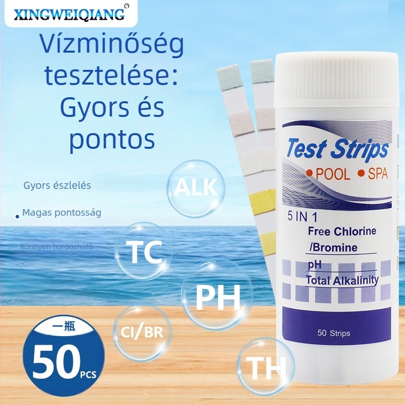 5 az 1-ben tesztcsík uszodákhoz és termálvízhez: maradék klór, pH-érték, alkalinitás, keménység, 50 csík egy üvegben