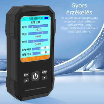 ZN-VTER2 elektromágneses sugárzásmérő készülék háztartási és irodai eszközökhöz; elektromos tér 1–1999 V/m, mágneses tér 0.01–19.99 μT; mérési célok: mikrohullámú sütők, mobiltelefonok, számítógépek; pontosság 0.1.