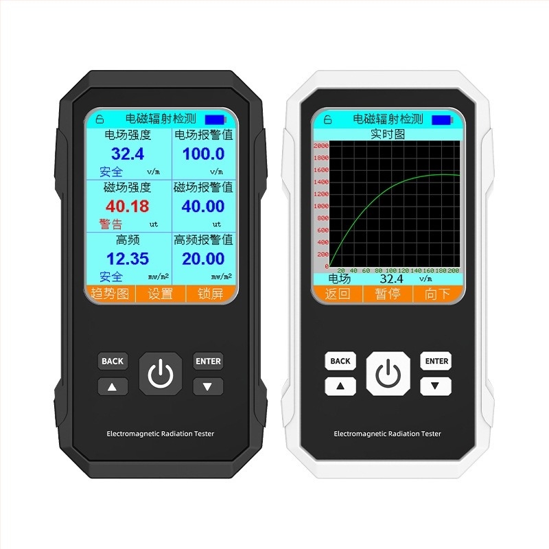 ZN-VTER2 elektromágneses sugárzásmérő készülék háztartási és irodai eszközökhöz; elektromos tér 1–1999 V/m, mágneses tér 0.01–19.99 μT; mérési célok: mikrohullámú sütők, mobiltelefonok, számítógépek; pontosság 0.1.