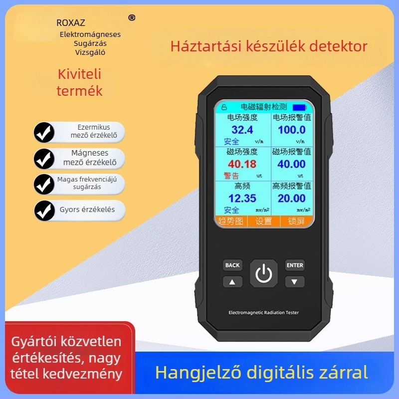 ZN-VTER2 elektromágneses sugárzásmérő készülék háztartási és irodai eszközökhöz; elektromos tér 1–1999 V/m, mágneses tér 0.01–19.99 μT; mérési célok: mikrohullámú sütők, mobiltelefonok, számítógépek; pontosság 0.1.