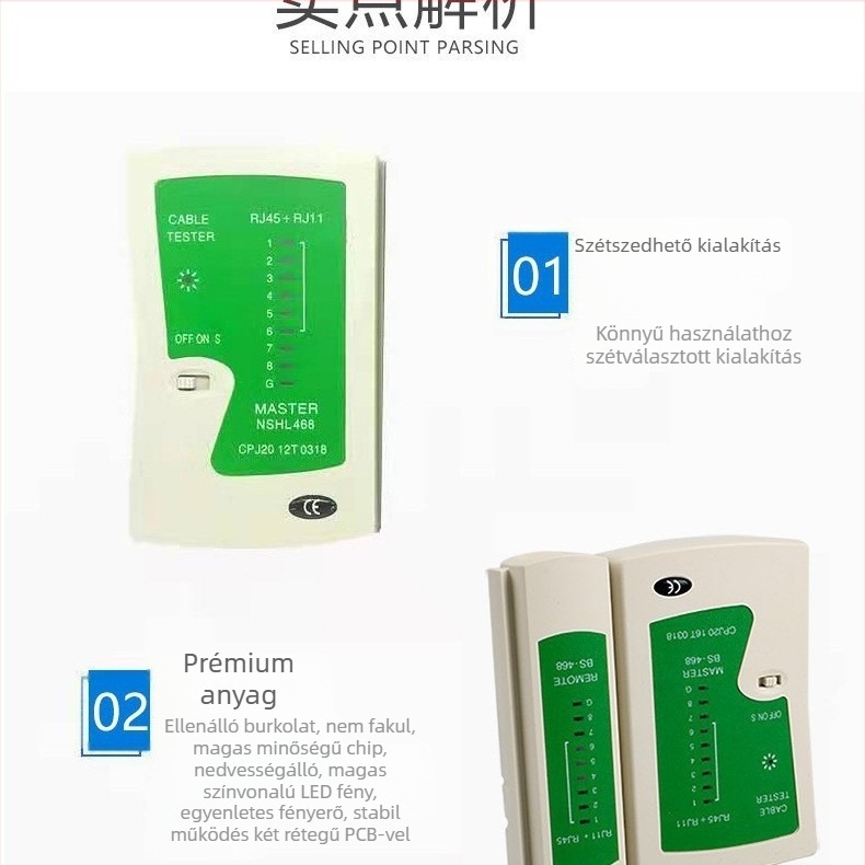 Mérőeszköz hálózati teszthez Waldnews NS486AT-1 a hálózati kábel és a telefonvonal kapcsolatok tesztelésére; piacra kerülés éve 2023; 1 év garancia; OEM elérhető