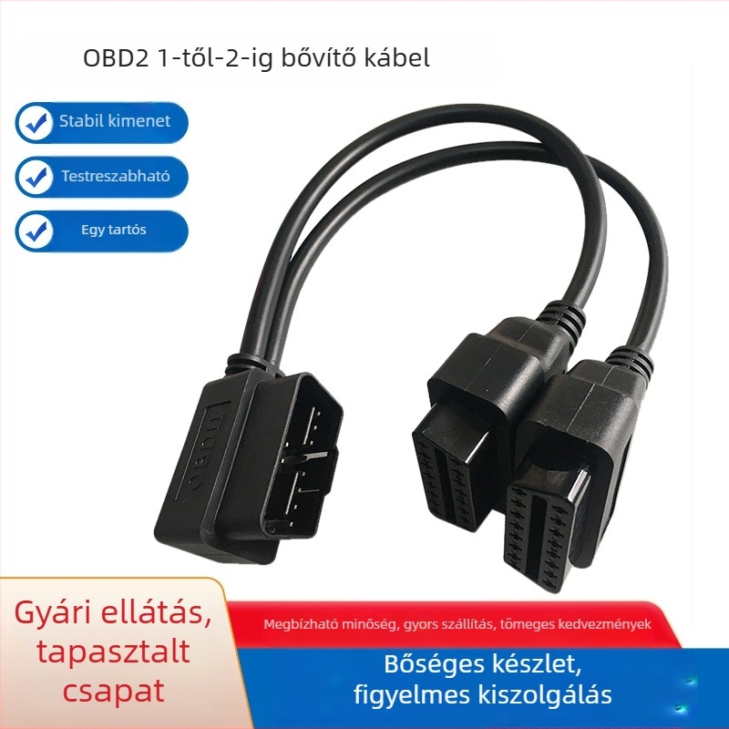 OBD2 kétágú extender kábel autodiagnosztikához, 12V, -20°C-tól 85°C-ig, kompatibilis minden OBD2 interfésszel