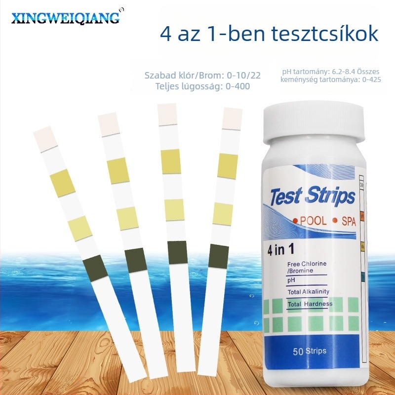 4-1-es vízminőségi tesztcsíkok medencére, spa-ra, akváriumra és ivóvízre; pH és maradék klór teszt; 50 csík egy üvegben; márka Xing wei qiang