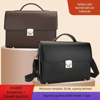 Férfi bőr üzleti táska jelszavas zár, első réteg marhabőrből, csíkos mintázat, poliészter bélés, üzleti utazásokhoz