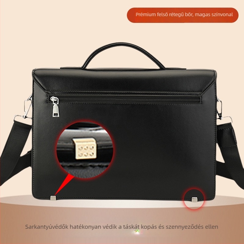 Férfi bőr üzleti táska jelszavas zár, első réteg marhabőrből, csíkos mintázat, poliészter bélés, üzleti utazásokhoz